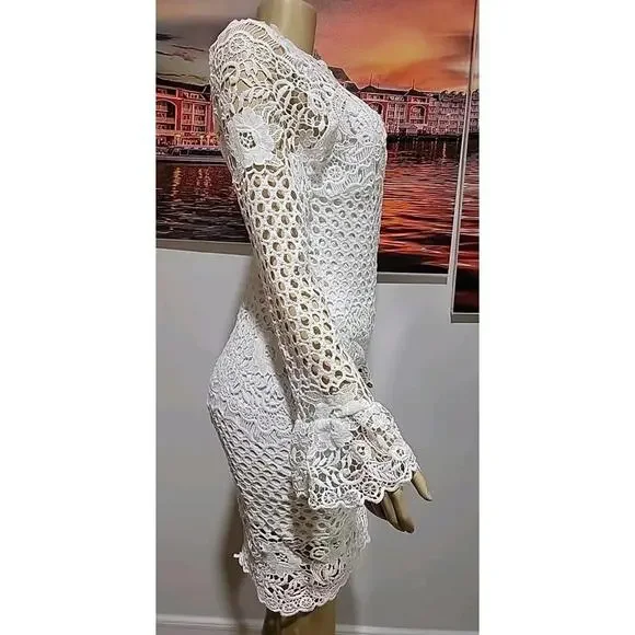 EILLY BAZAR White Guipure Lace Size M Women's Dress Flounce Sleeve NEW #C - Picture 5 of 10